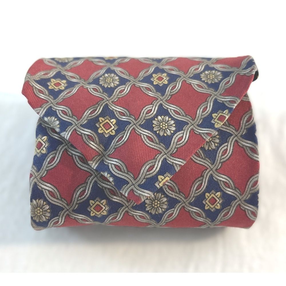 Bert Pulitzer All Silk Necktie Burgundy Blue‎ Silver Geometric Pattern